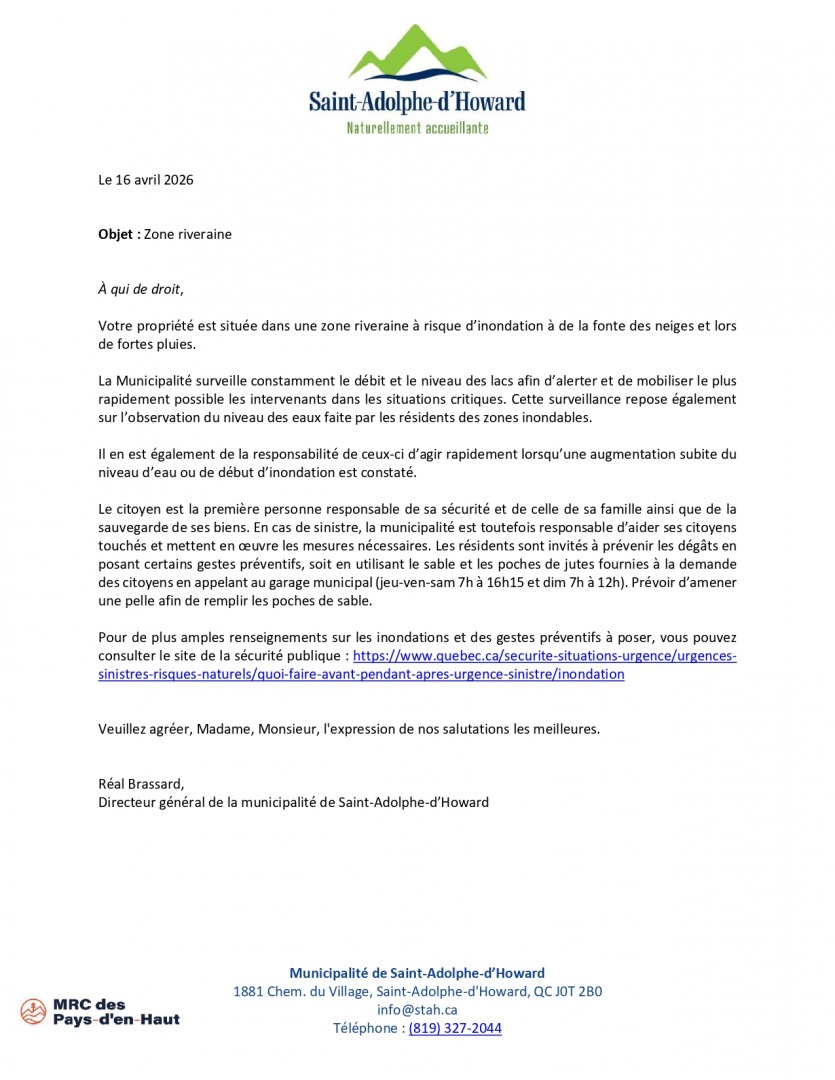 Avis aux résidents des zones riveraines